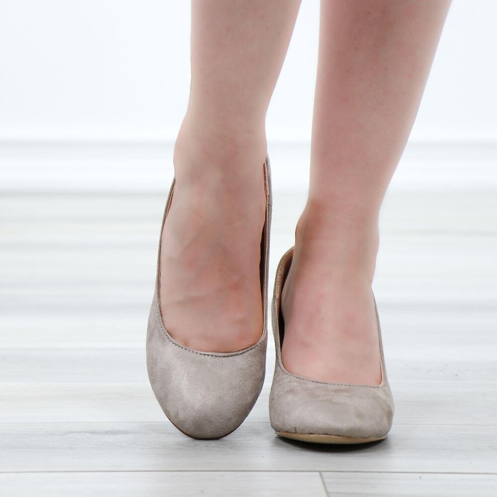 Taupe Suede Round Toe Kitten Low Heel Pumps - Picture 10 of 13